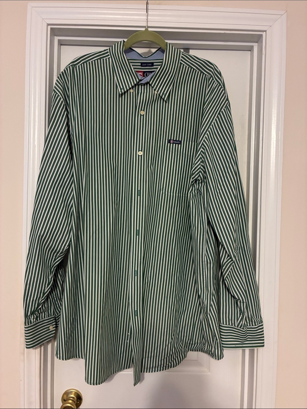 Chaps Men's 2XLT Green & White Striped Button-Down Shirt Long Sleeve